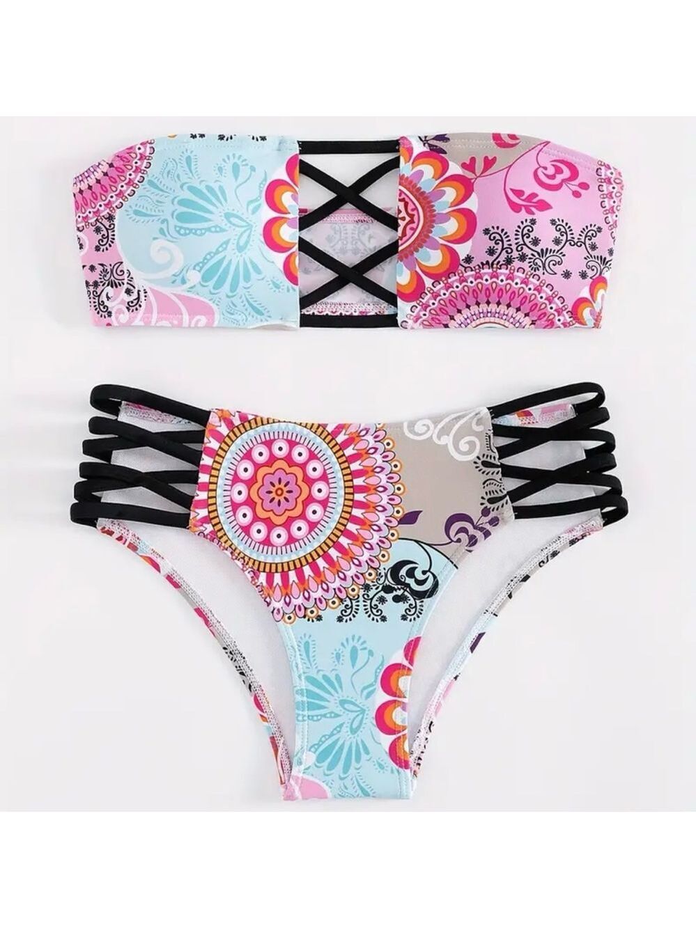 Paisley Print Bandeau Cut Out High Waist Bikini Set